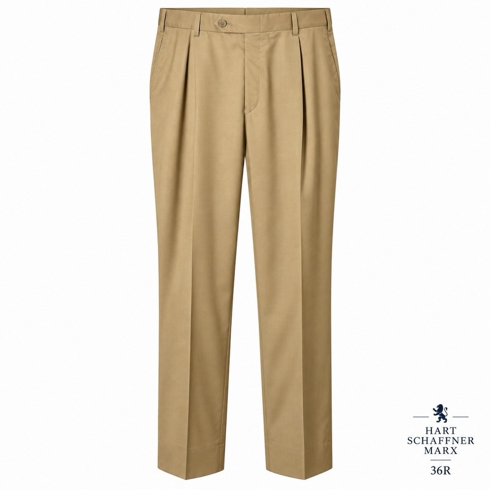 Hart Schaffner Marx Mens 36R Tan Pleated 100% Wool Dress Pants Made in Canada